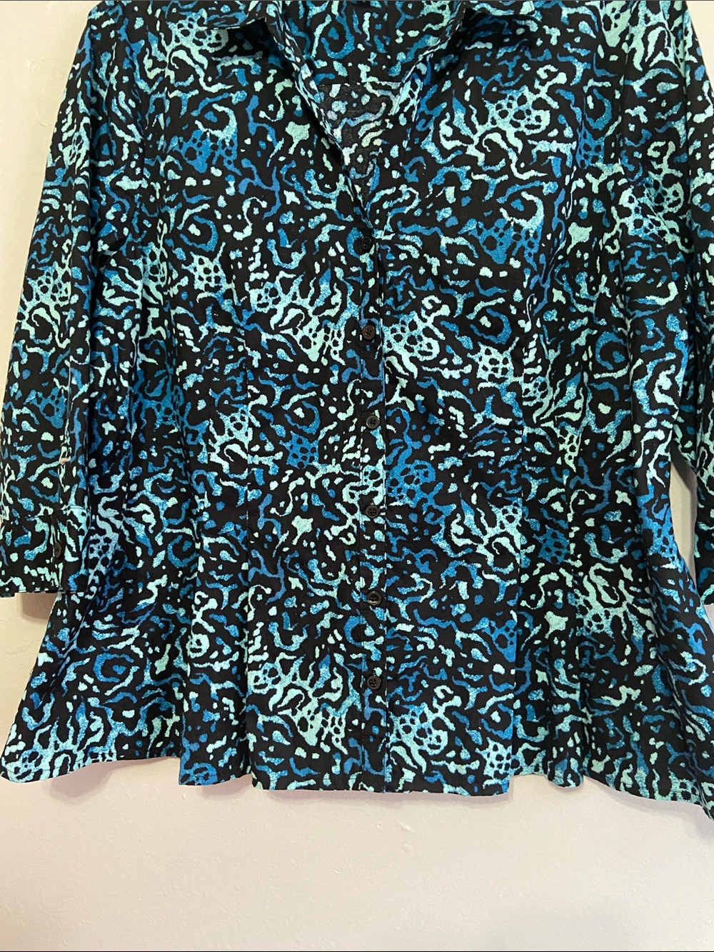 Dana Buchman Teal and Navy Abstract Print Button-Front Tunic 3/4 Sleeves Size XL - Picture 3 of 6